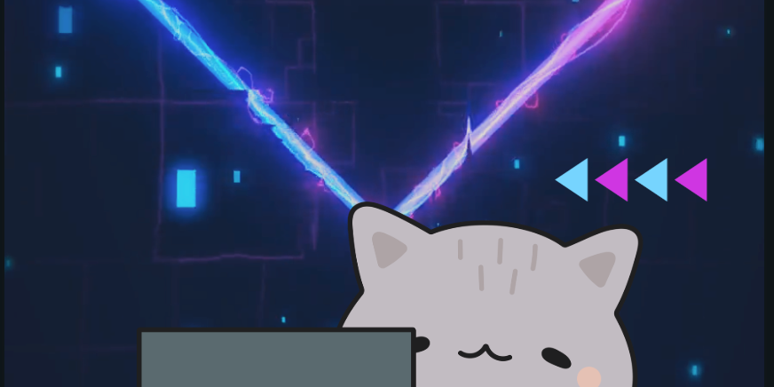 Promotional graphic for Cyber Monday sale featuring grey cartoon cat with laptop and neon graphics.