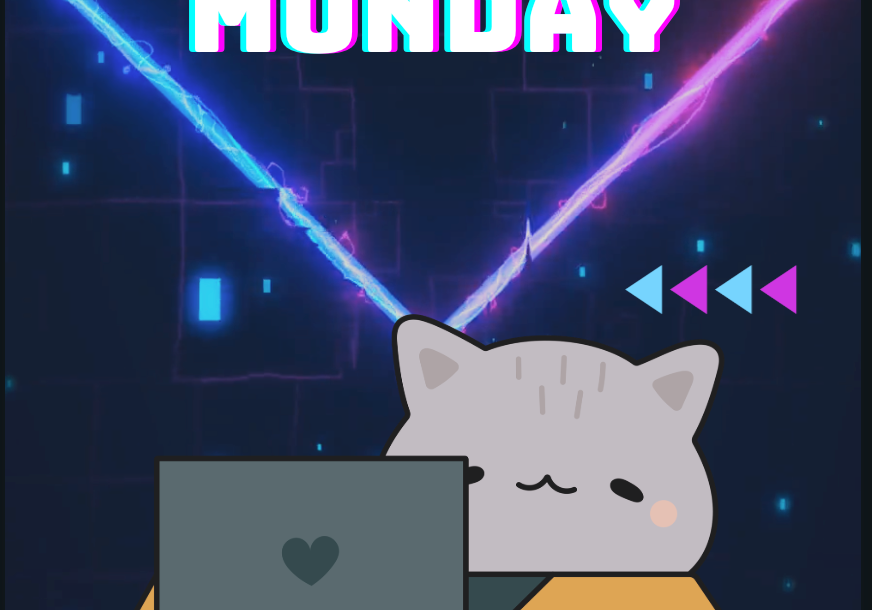 Promotional graphic for Cyber Monday sale featuring grey cartoon cat with laptop and neon graphics.