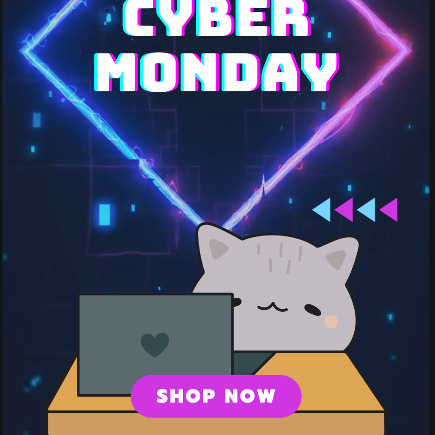 Promotional graphic for Cyber Monday sale featuring grey cartoon cat with laptop and neon graphics.