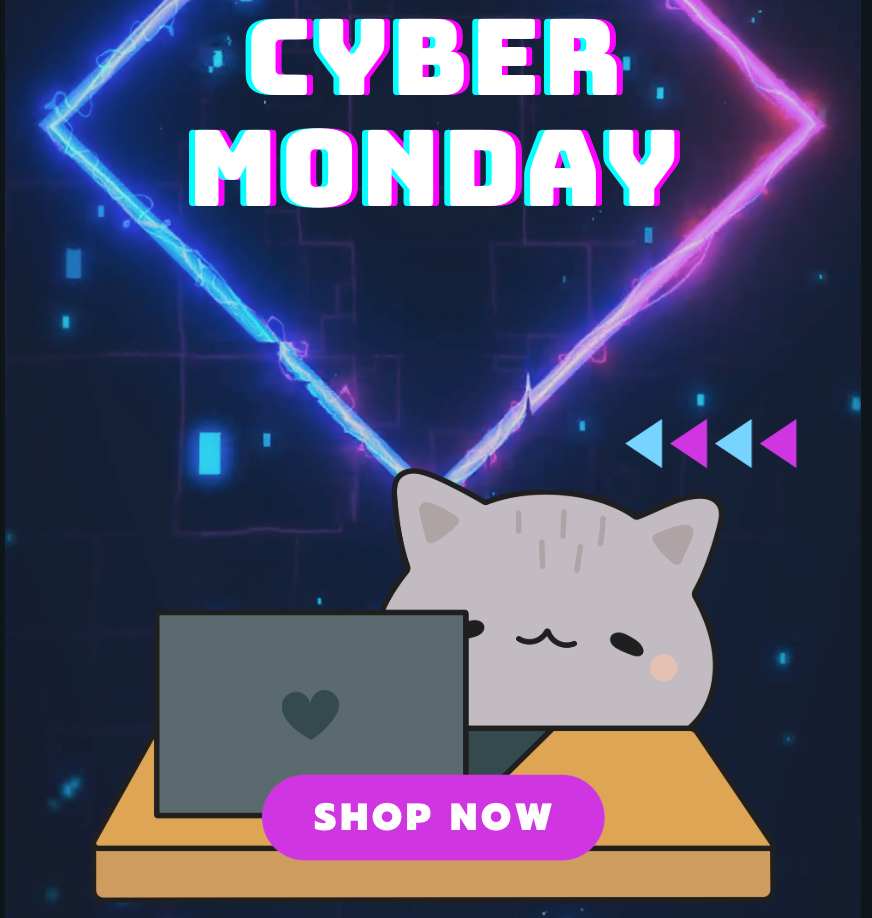 Promotional graphic for Cyber Monday sale featuring grey cartoon cat with laptop and neon graphics.