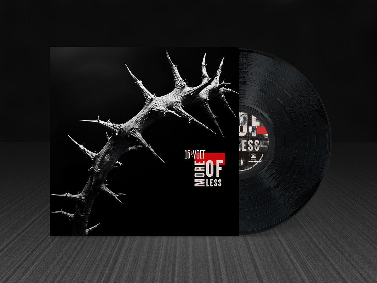 Vinyl record with a thorny design and 'More or Less' text on a black background