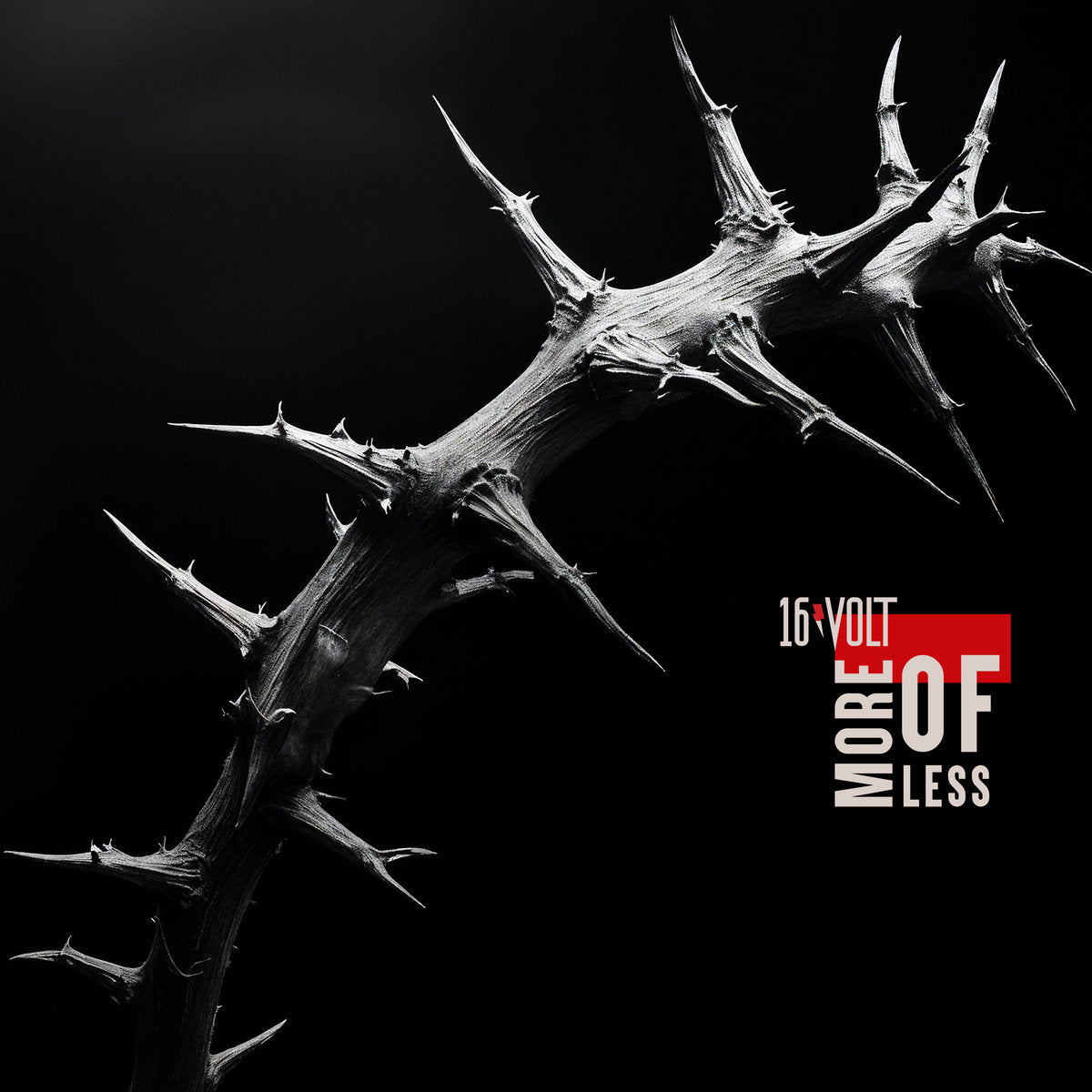 Black and white thorny branch with '16 Volt More or Less' text on a black background