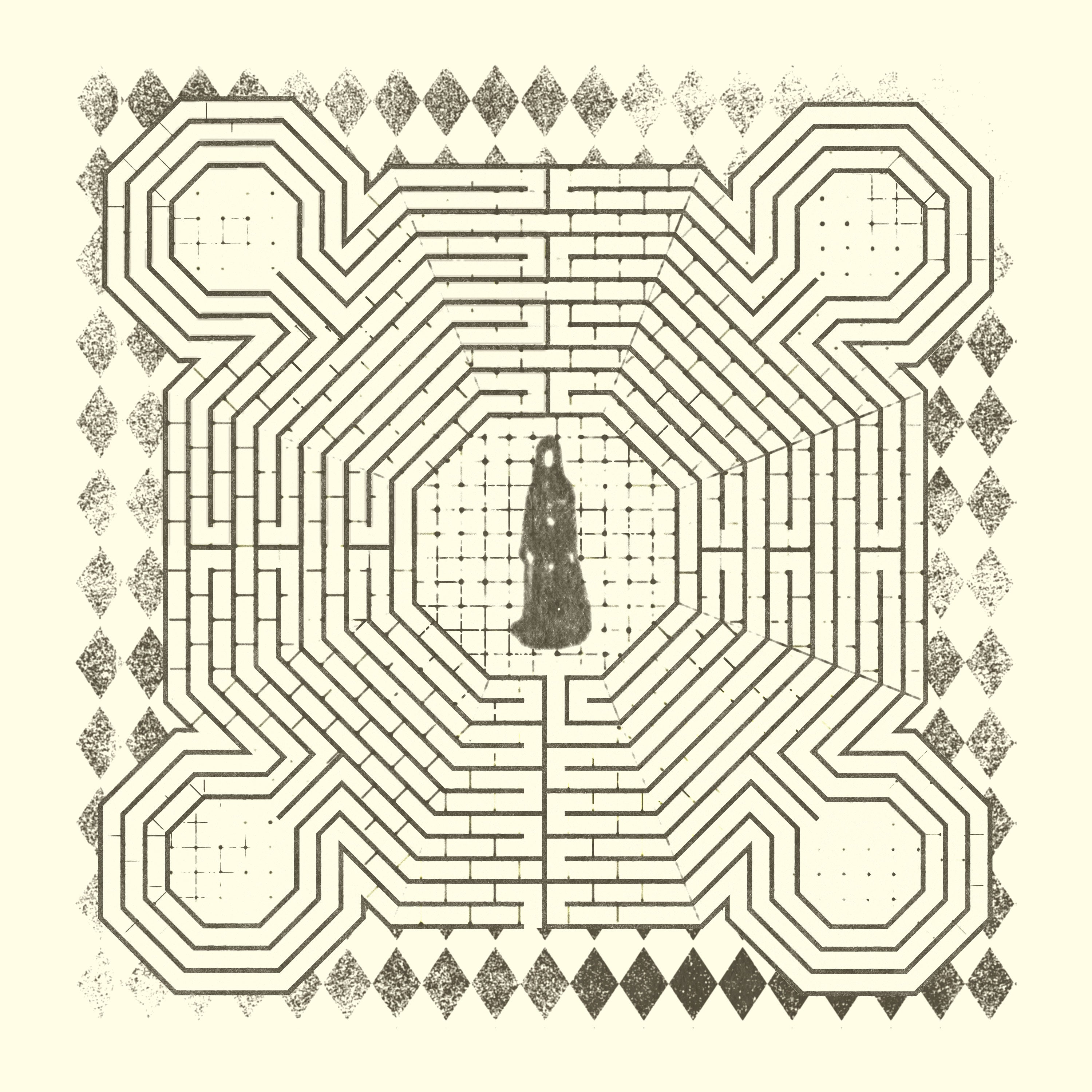 Album cover for Slowdive's self-titled featuring a labyrinthine design with a central figure, surrounded by geometric patterns.