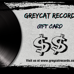 Greycat Records gift card with vinyl record and dollar signs on a textured background