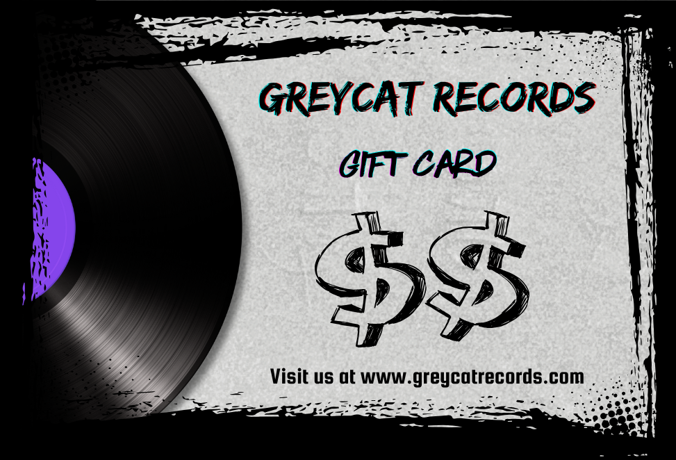 Greycat Records gift card with vinyl record and dollar signs on a textured background