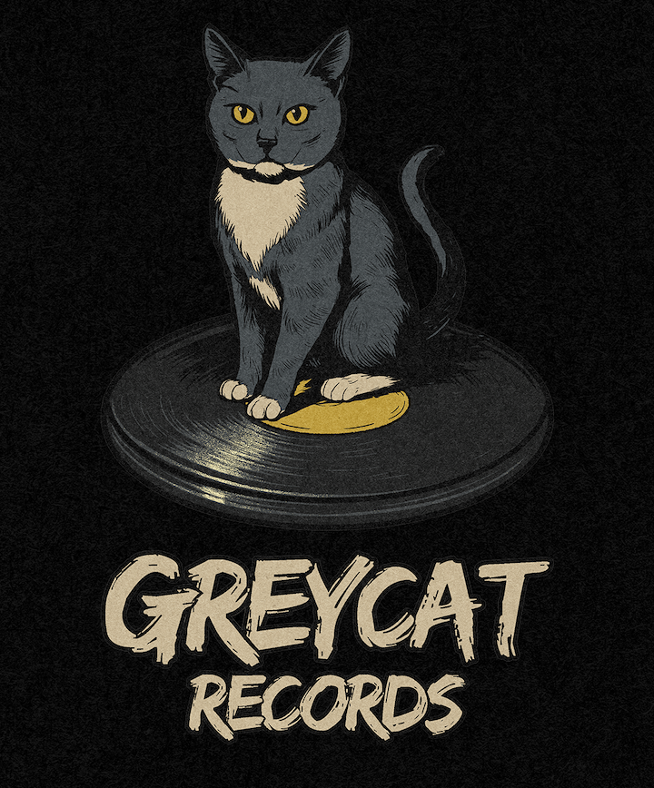 Gray cat on a vinyl record with 'Greycat Records' text on a black background