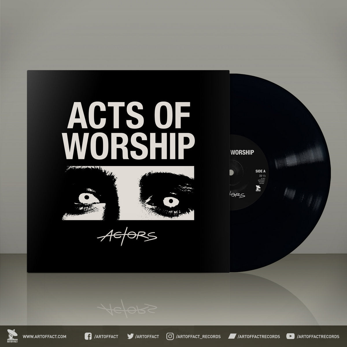 Vinyl record and cover titled 'Acts of Worship' on a gray background by Actors band.