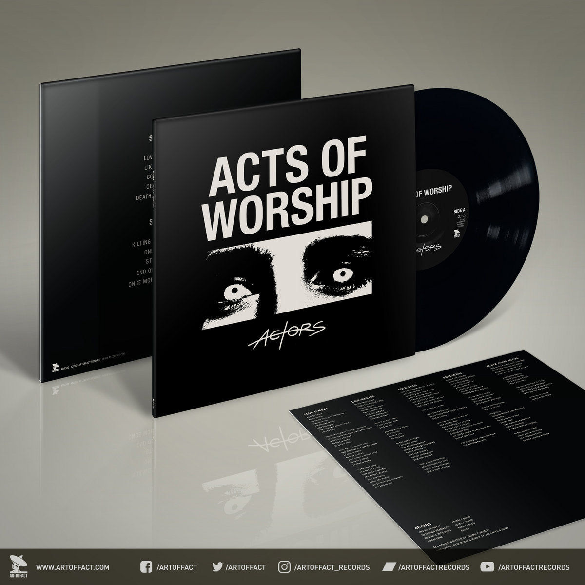 Vinyl record set with 'Acts of Worship' album cover and disc on a gray background for Actors band at an alternate angle.