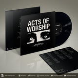Vinyl record set with 'Acts of Worship' album cover and disc on a gray background for Actors band at an alternate angle.