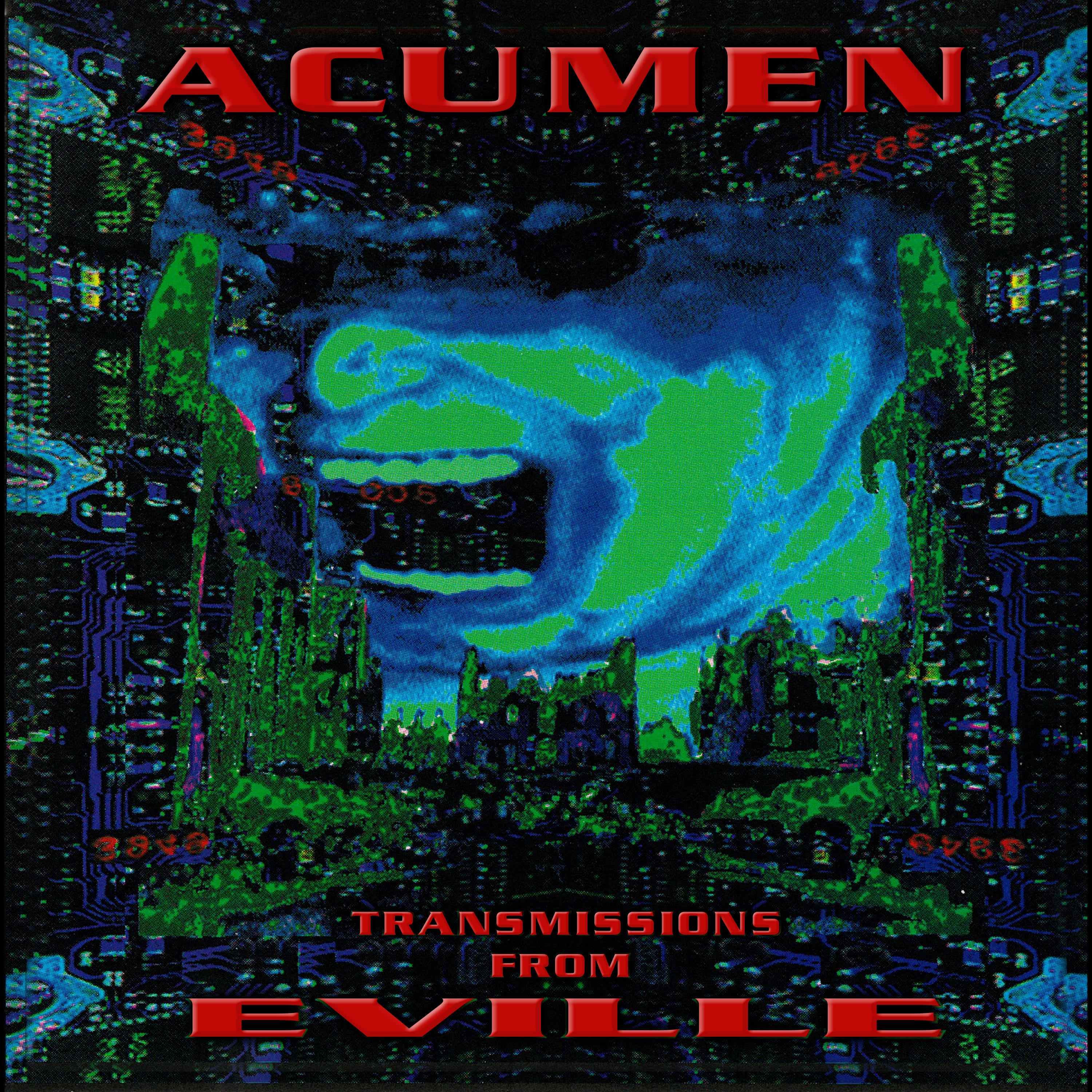Album cover with a wolf-like creature and cityscape, featuring the text 'Acumen: Transmissions from Eville'.