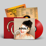 Vinyl record with a red sleeve featuring a graphic design and text.