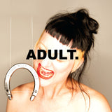 Person with a horseshoe and text overlay on a plain background