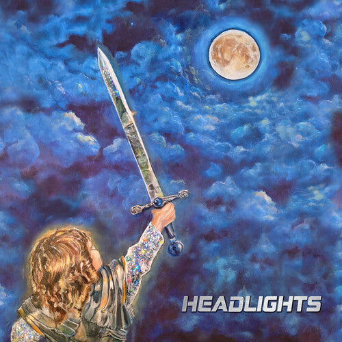 Album cover for Alex G's "Headlights" with a person holding a sword with a moonlit sky and clouds in the background, featuring the word 'HEADLIGHTS'.