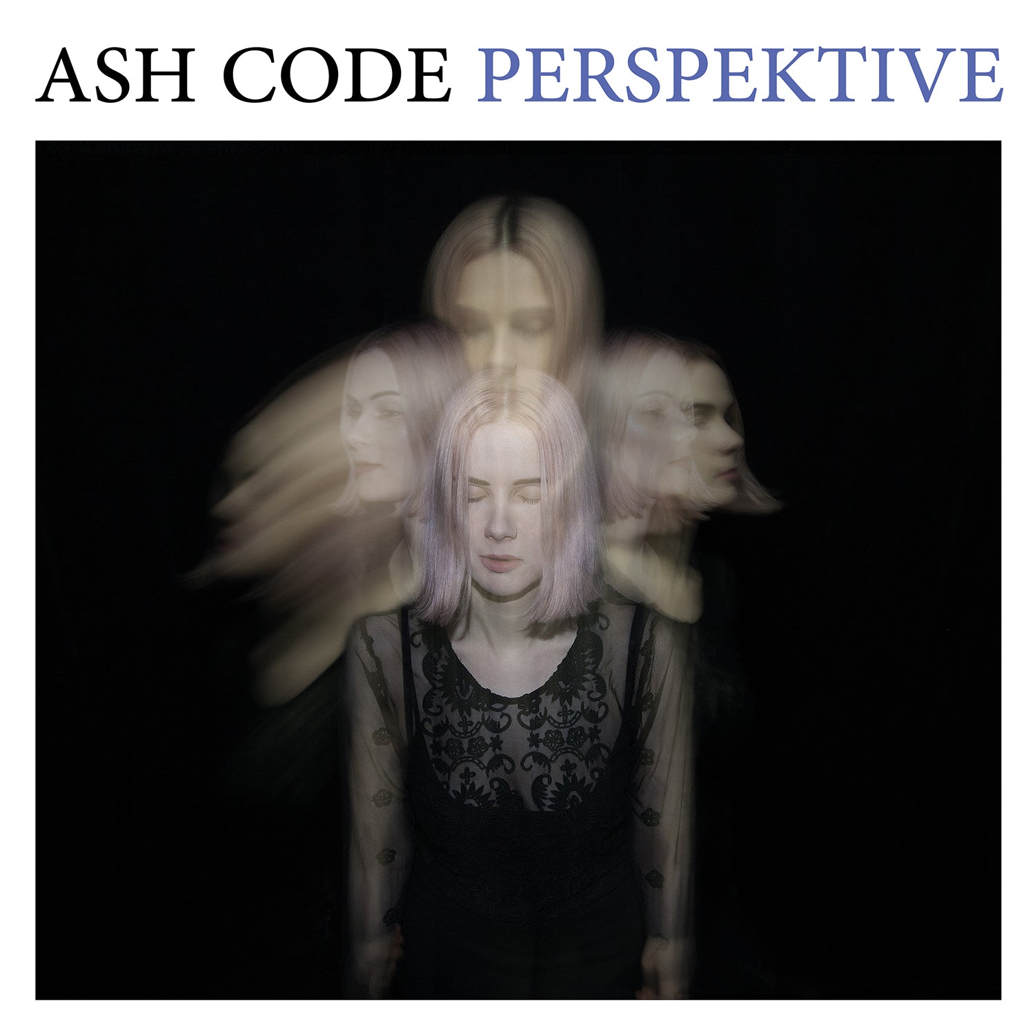 Album cover with a person with light hair and tattoos, surrounded by blurred faces on a black background. Text 'ASH CODE PERSPEKTIVE' at the top.