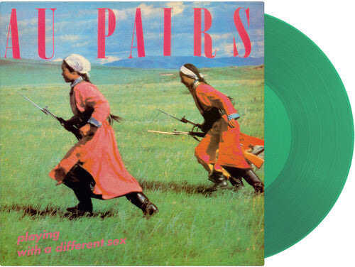 Vinyl record with cover art of two figures in a field and 'Au Pairs - Playing With A Different Kind of Sex' text.
