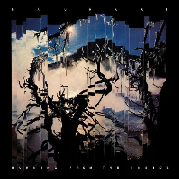 Album cover with abstract design and text 'Bauhaus Burning from the Inside'