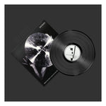 Black vinyl record with a matching cover on a black background