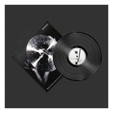 Black vinyl record with a matching cover on a black background