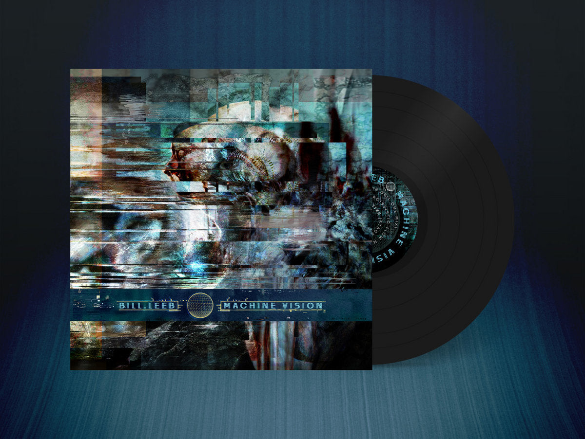 Vinyl record with a stylized cover featuring abstract designs and text on a blue gradient background.