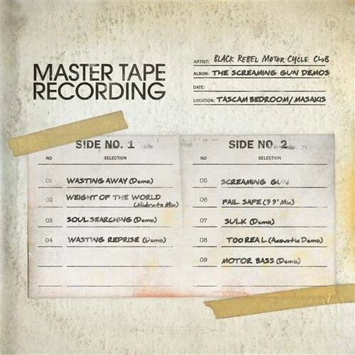 Album cover for 'The Screaming Gun Demos ' by Black Rebel Motor Cycle Club featuring a tape label design.