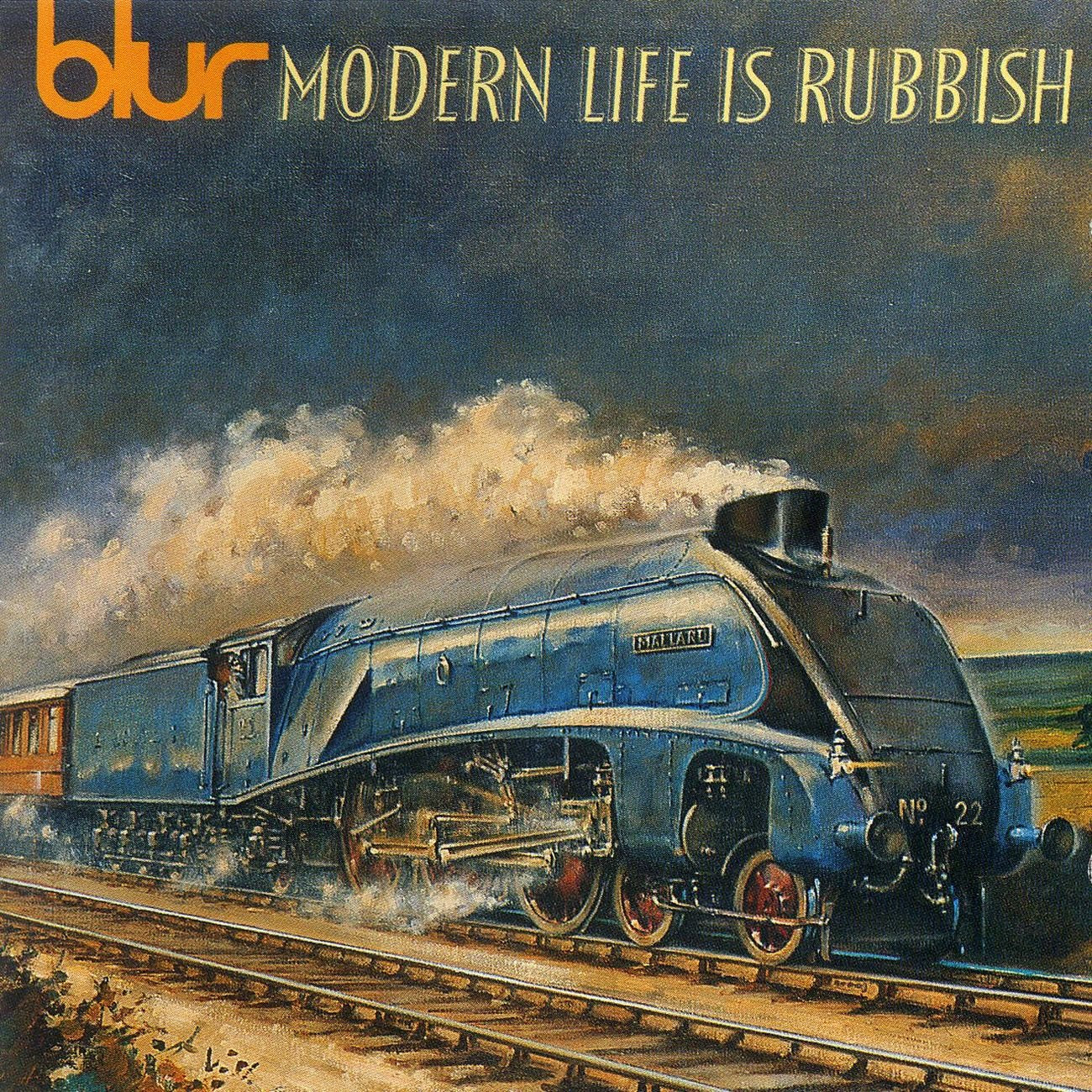 Album cover for 'Modern Life Is Rubbish' by Blur featuring a train on tracks with 'Modern Life is Rubbish' text and 'blur' logo.