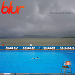 A person swimming in a pool with lounge chairs and a stormy sky, featuring the album cover of 'The Ballad of Darren' by Blur.