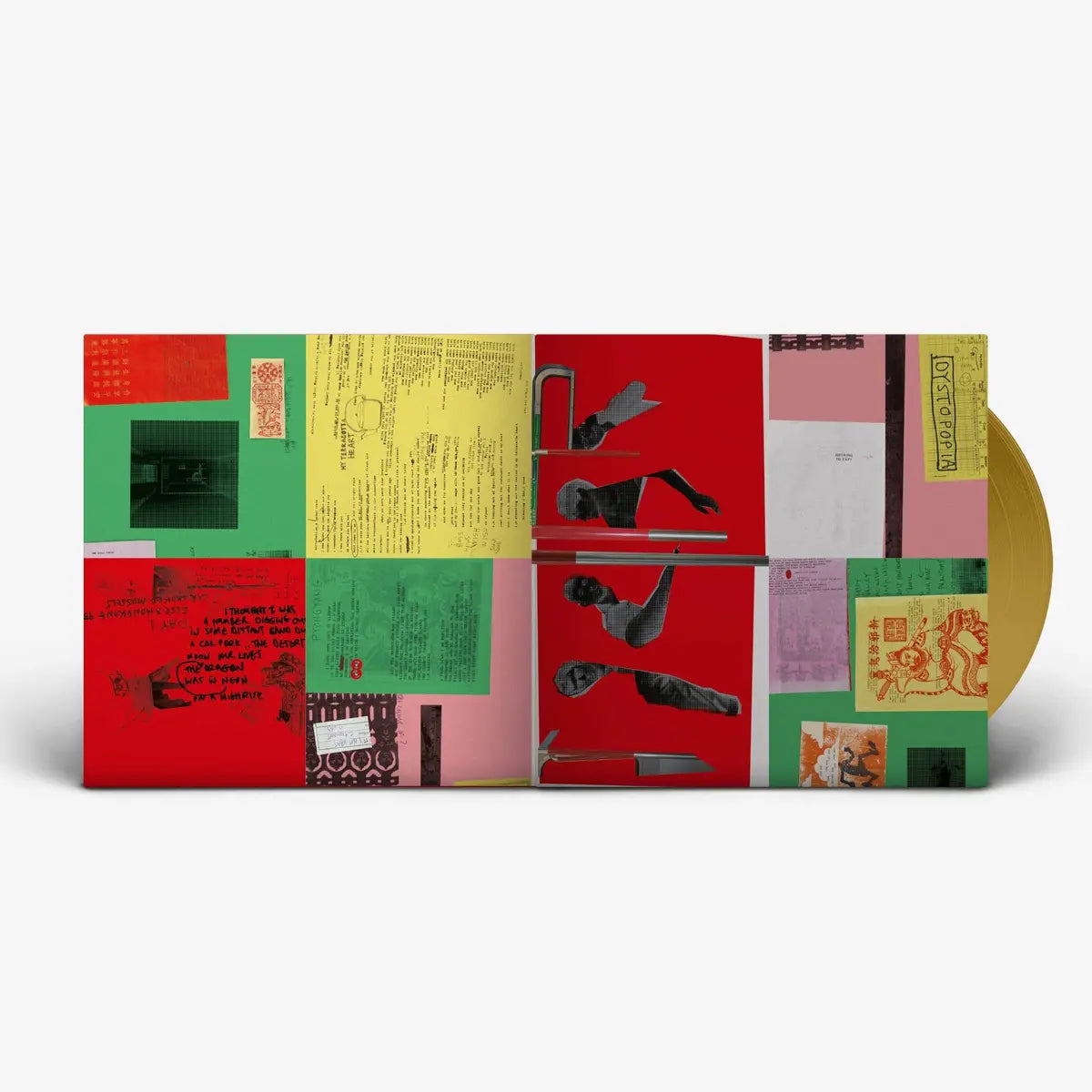 Vinyl record with a colorful, collage-style cover on a white background