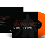 Vinyl record with orange disc and black cover featuring 'Boy Harsher' and 'Burn It Down'.