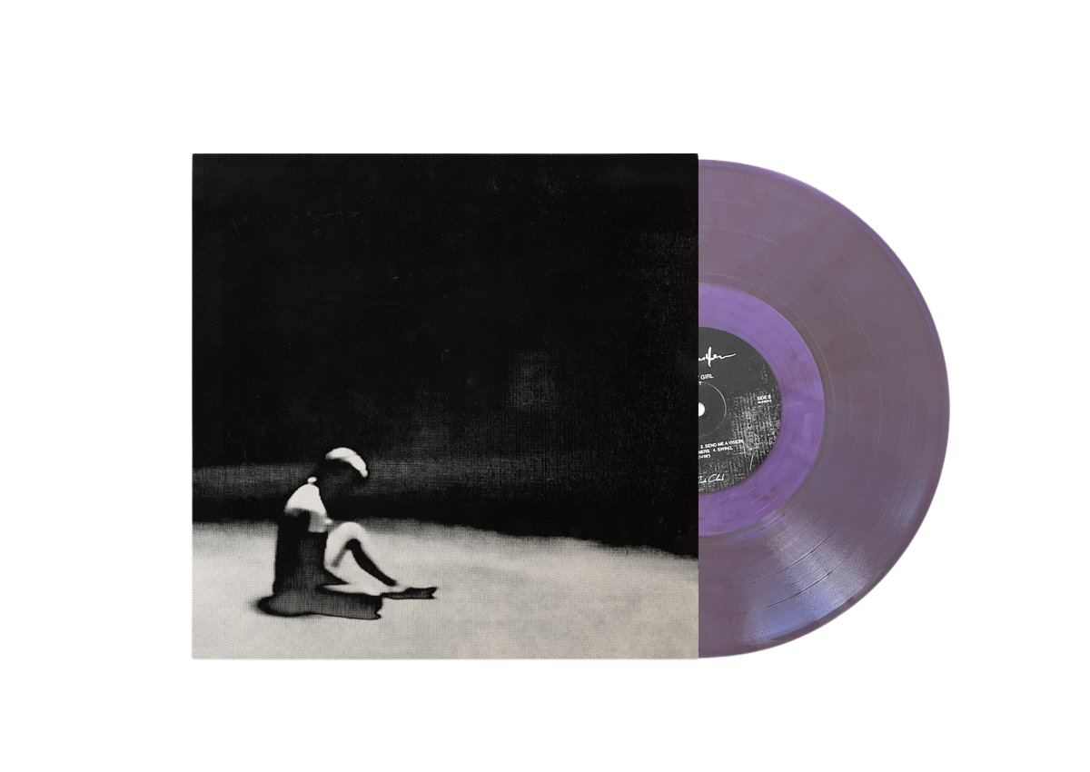 Vinyl record with a purple disc and black cover featuring a person sitting on the ground.