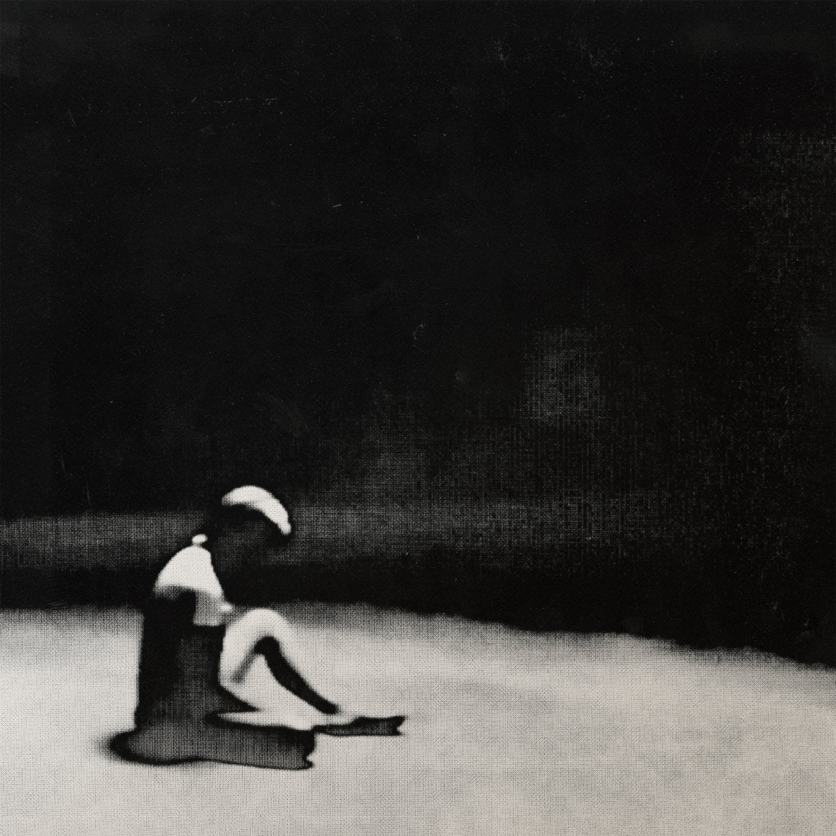Album cover for 'Country Girl Uncut' by Boy Harsher featuring a black and white painting of a person sitting on a bench with a book, surrounded by darkness.