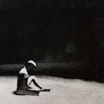 Album cover for 'Country Girl Uncut' by Boy Harsher featuring a black and white painting of a person sitting on a bench with a book, surrounded by darkness.