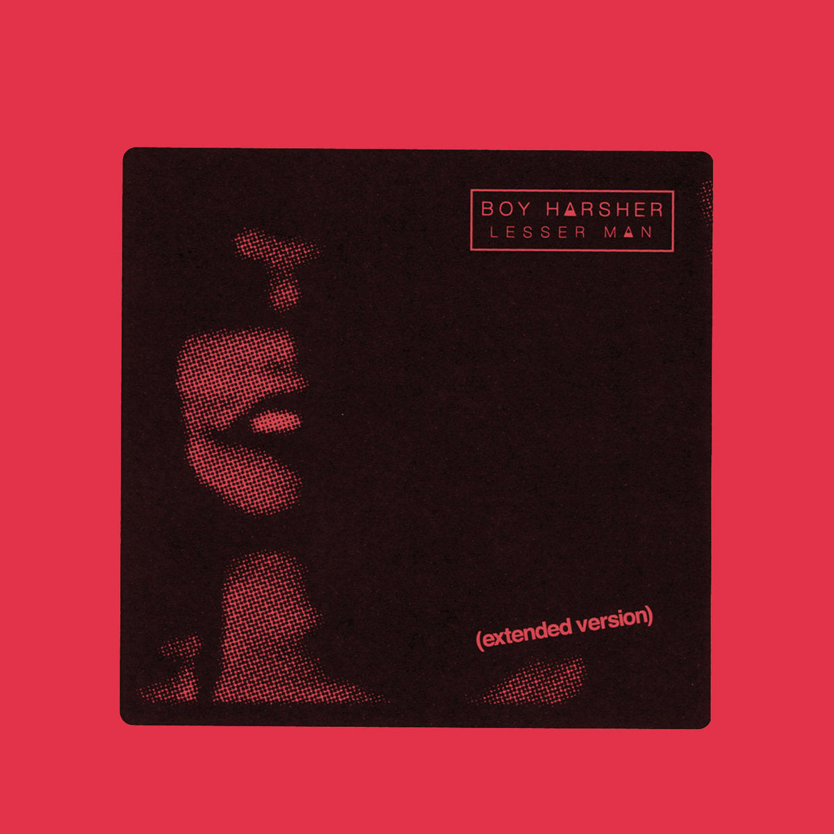 Album cover for 'Lesser Man' by Boy Harsher with a stylized face design on a red background