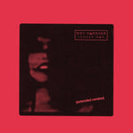Album cover for 'Lesser Man' by Boy Harsher with a stylized face design on a red background