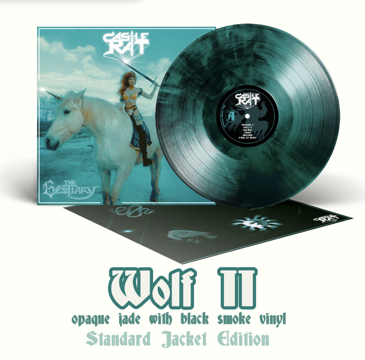Vinyl record with cover featuring a person on a horse, titled 'Wolf II' by Castle Rats.