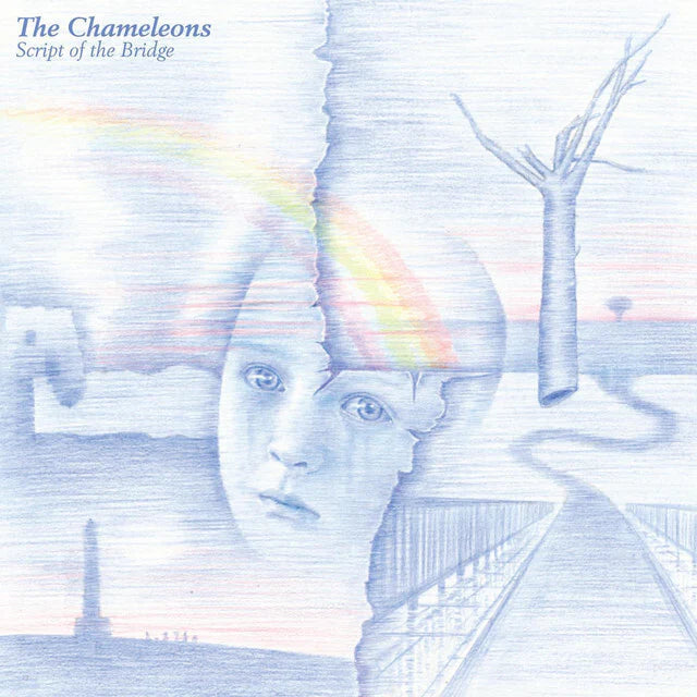 Album cover with a stylized drawing of a person, rainbow, and bridge, featuring the text 'The Chameleons Script of the Bridge'.