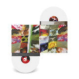 White vinyl record with colorful collage cover on a white background