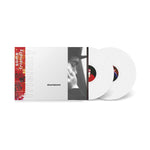 White vinyl record with a cover featuring a person's face and text on a white background