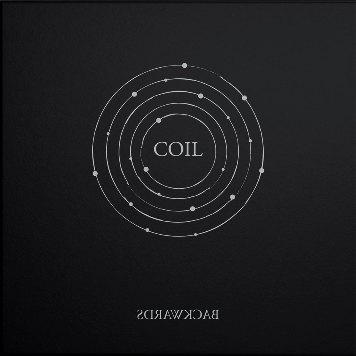 Coil text surrounded by several silver circles. text on bottom says backwards with font flipped backwards.