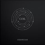 Coil text surrounded by several silver circles. text on bottom says backwards with font flipped backwards.