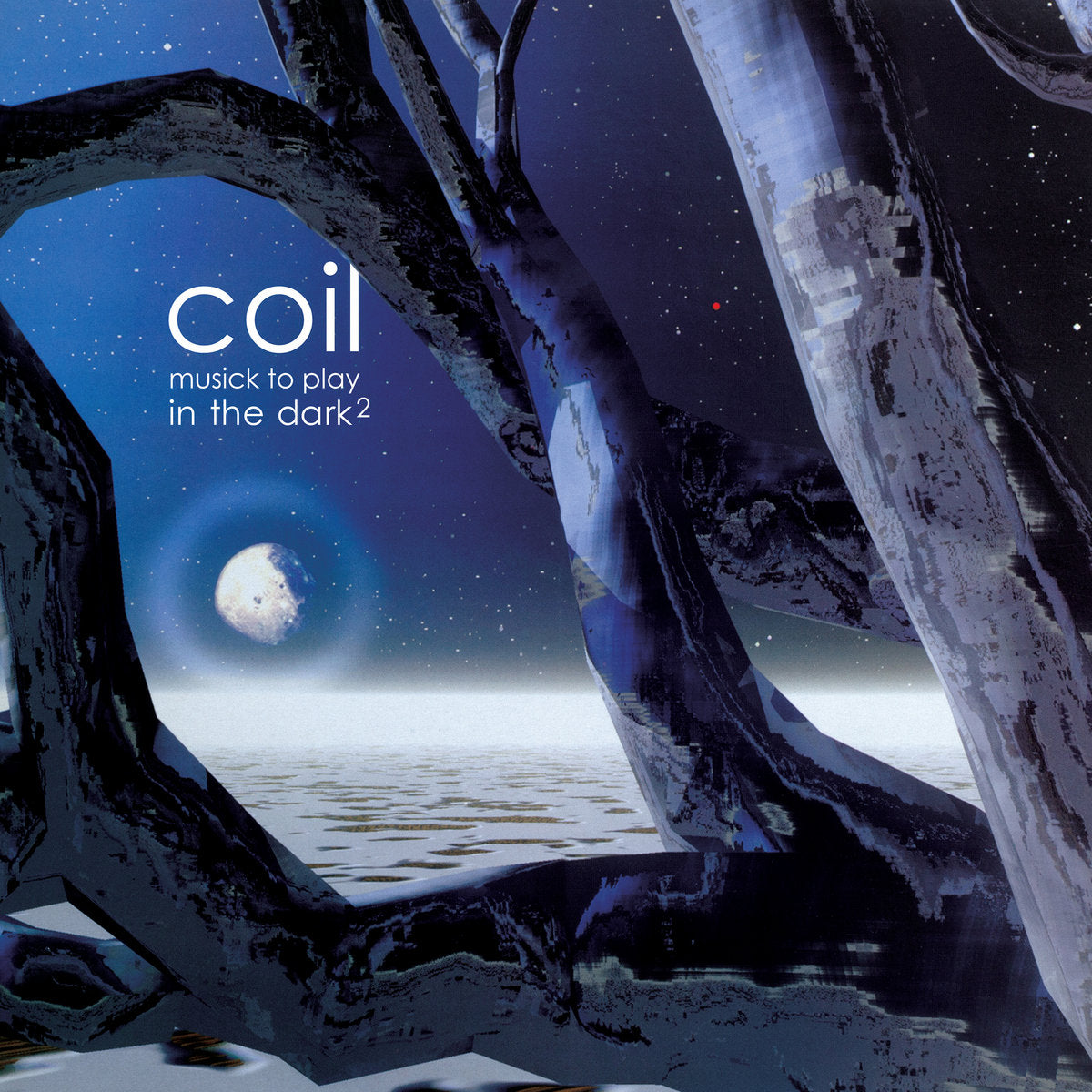 Album cover for 'Musick to play in the dark 2' by Coil with cosmic landscape and moon.