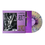 Vinyl record with a colorful swirl design and matching purple cover featuring black and white artwork.