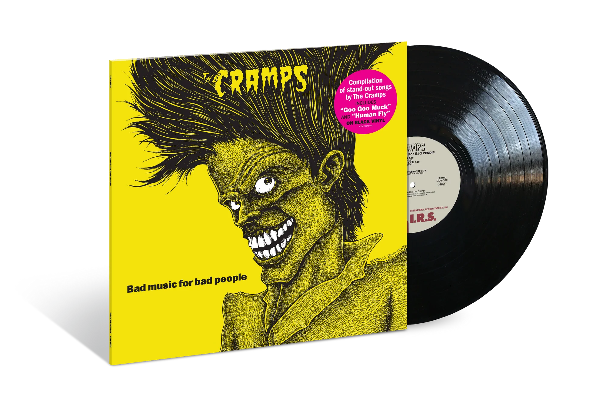 Vinyl record with a yellow cover featuring a stylized face and text.