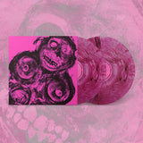 Vinyl record with pink and black design on a matching pink background