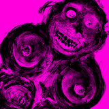 Album cover with abstract art of a face with swirling patterns on a pink background