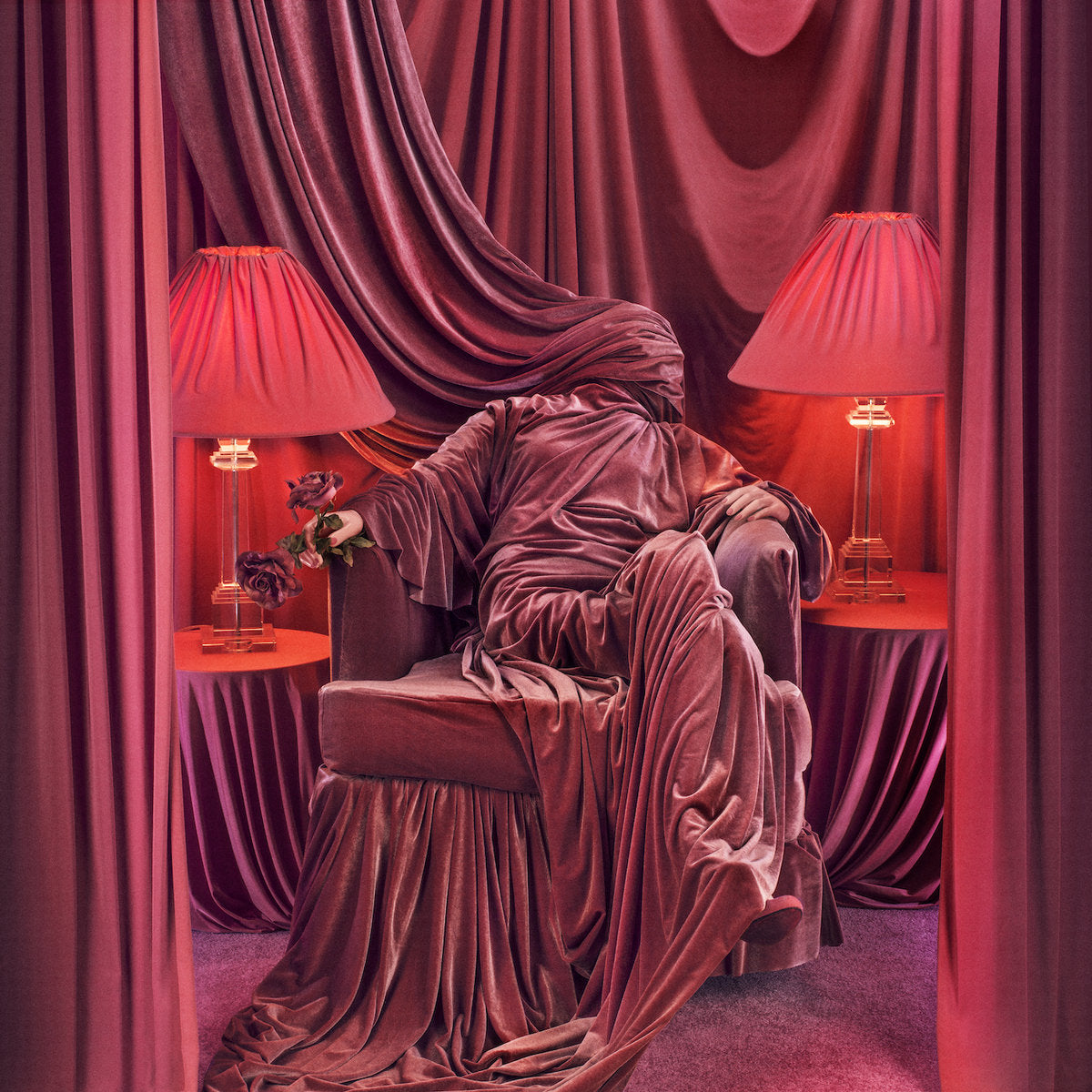 Album cover for 'Another Heaven' by Curses with a velvet chair draped with fabric in a room with draped curtains and table lamps.