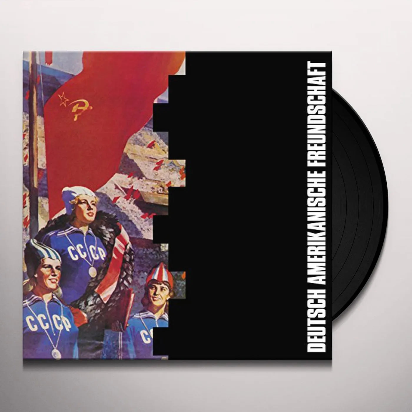 Vinyl record with a colorful cover featuring people in sports attire and text on a gray background