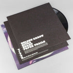 Vinyl record with a black cover featuring text on a white background