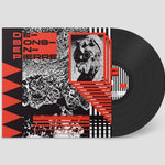 Vinyl record with a geometric red, black, and white cover featuring text and abstract designs.