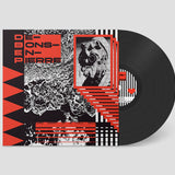 Vinyl record with a geometric red, black, and white cover featuring text and abstract designs.