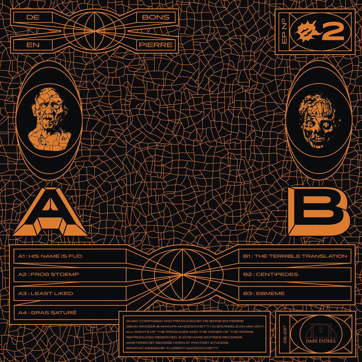 Dark album cover with gold text and graphics on a black background